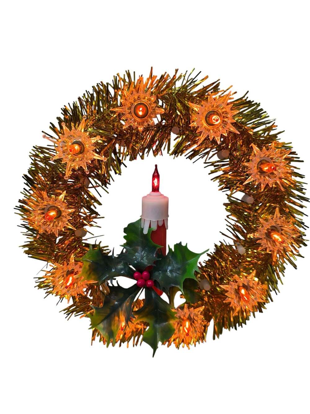 Foremost Vintage 11-Light Gold Tinsel Wreath Christmas Tree Topper Plaque with C